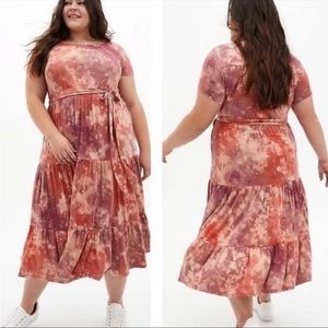 Torrid Midi Jersey Tiered Womens Dress Pink Tie Dye Pockets and Belt Size 0